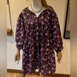 Madewell billowy maroon dress with white floral detail